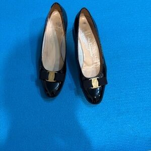 Salvatore Ferragamo Black Patent Vara Bow Flats with Gold Accent